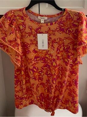 Como Blu Orange & Pink Floral Short Sleeve Tie-Front Top